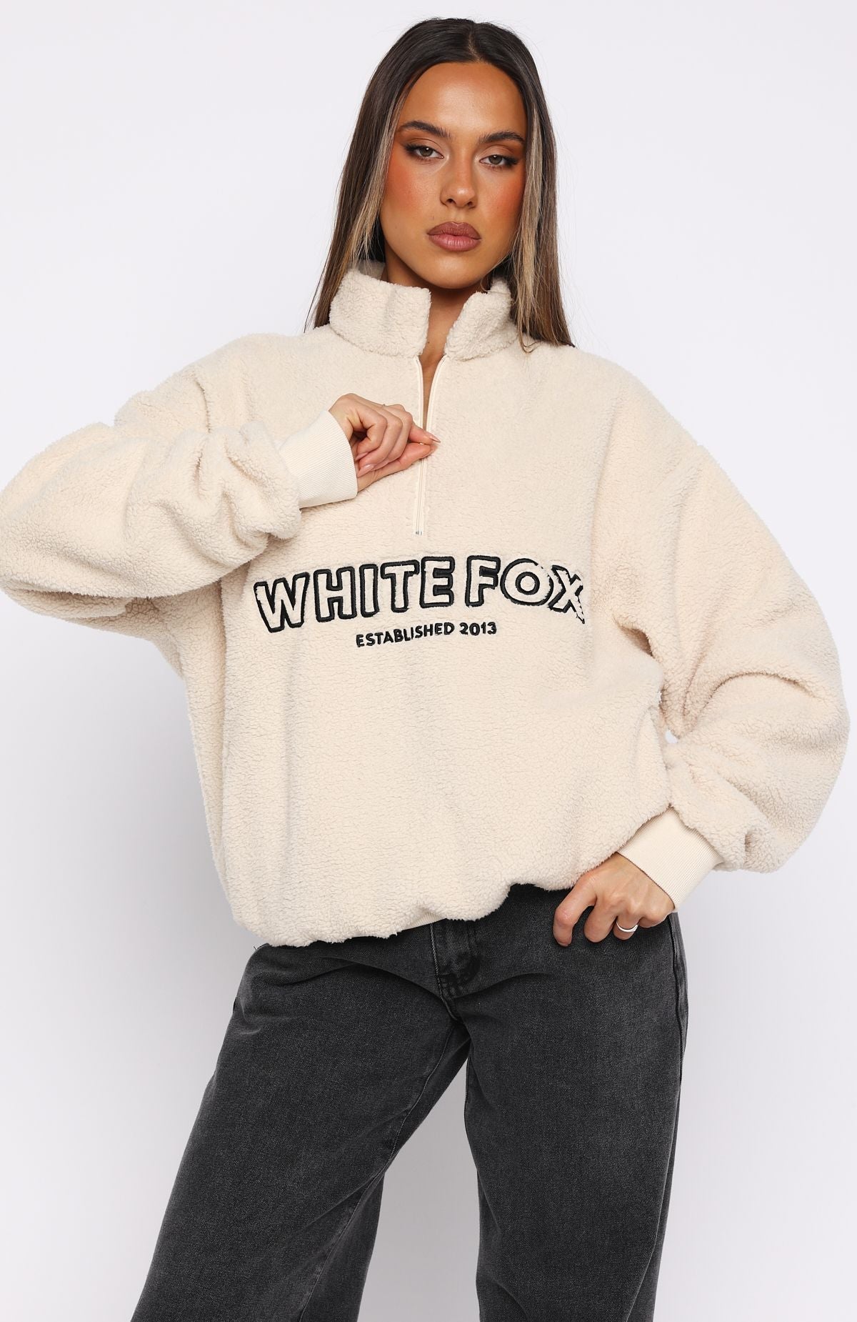 Hard To Stay Focused Teddy Borg Zip Front Sweater Cream